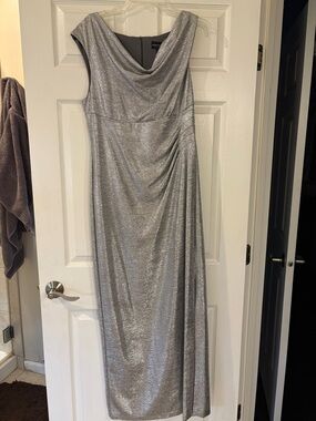 connected apparel Silver Metallic Cowl Neck Maxi Dress